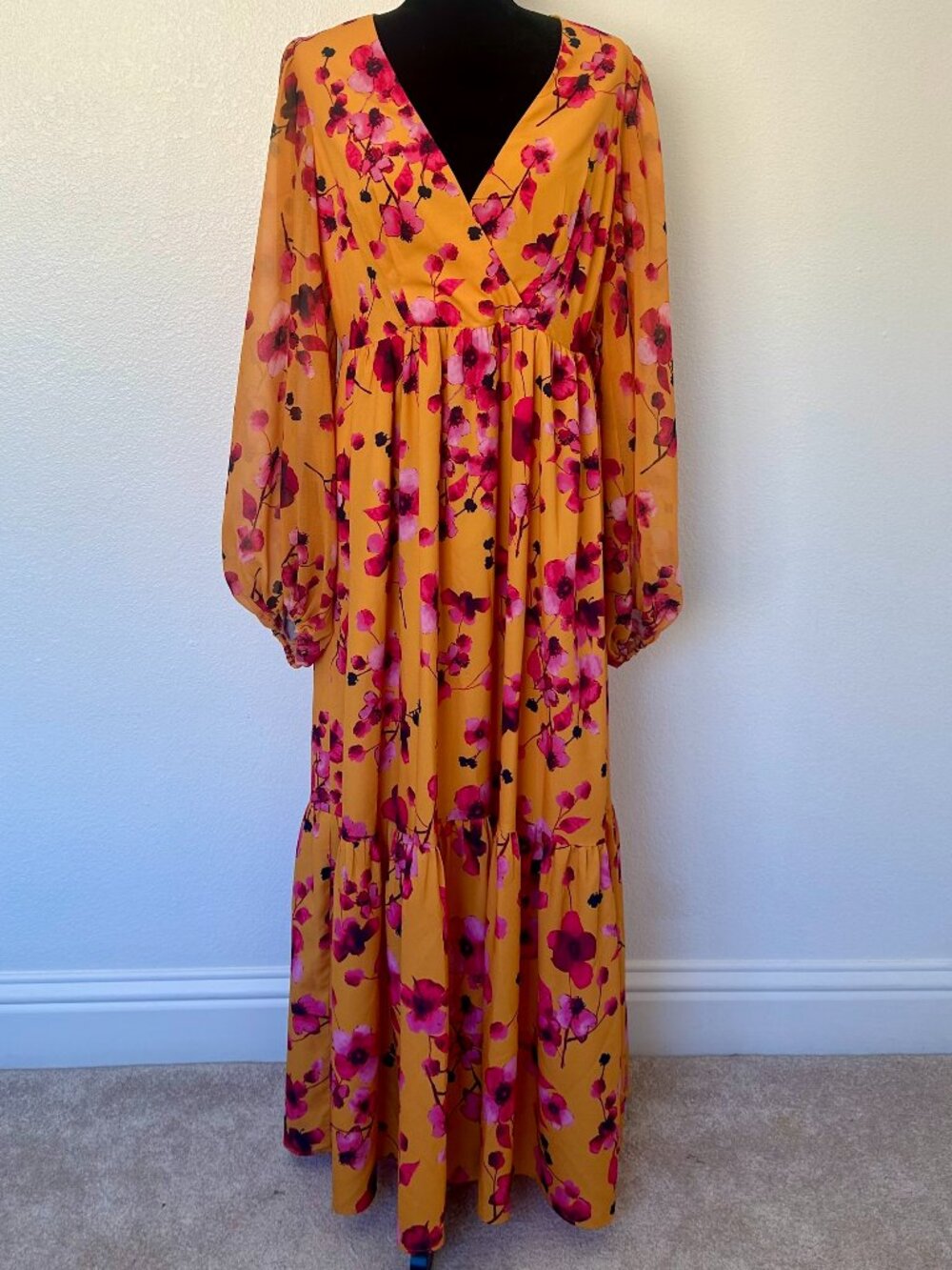 Hutch Chiffon Wrap Maxi Dress Yellow Pink Floral Long Sleeve Tiered Ruffle 8